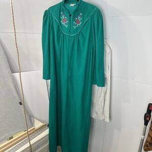Vintage ADONNA Robe House Dress Medium Green Velour Embroidered Zip Front EC
